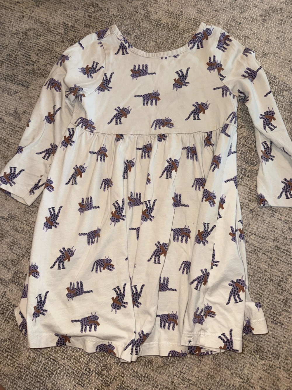 Girls' Cream Long-Sleeve Dress with Purple & Brown Cat Print - Casual